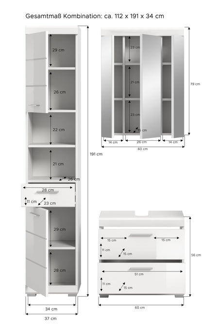 Maßskizze eines weißen Badezimmerschranks mit Spiegelschrank und Waschtischkommode, 3-tlg.