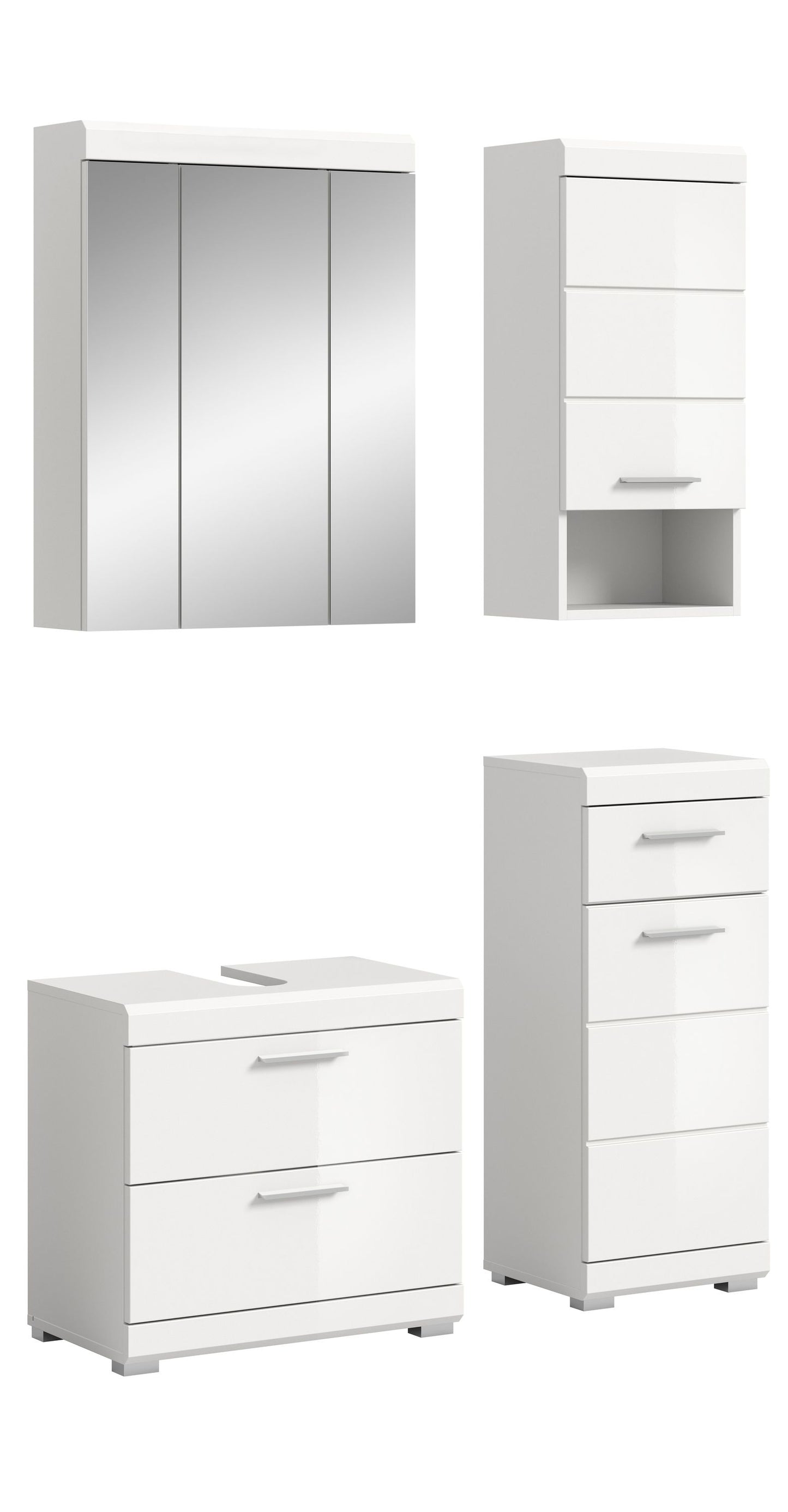 Weißes Badezimmerset mit Spiegelschrank und Unterschrank mit zwei Schubladen