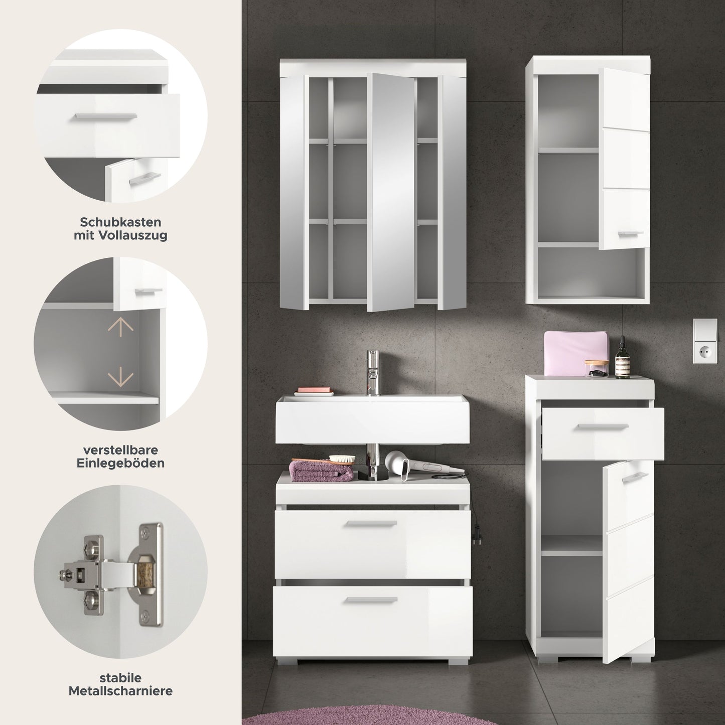 Badezimmerset 4-teilig mit Spiegelschrank, Waschtischunterschrank und Hochschrank