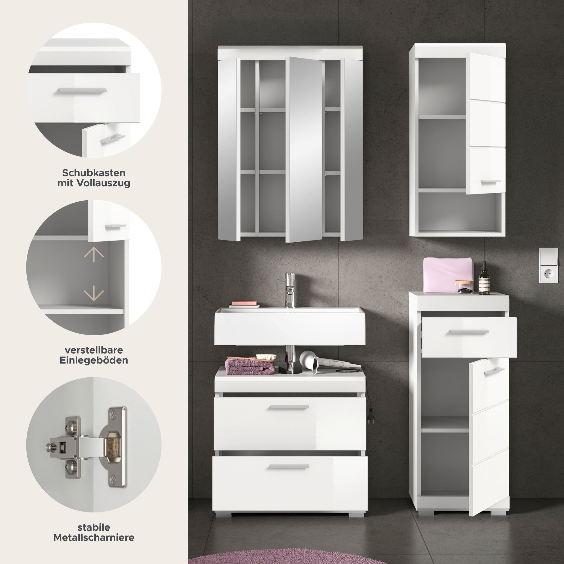 Badezimmerset 4-teilig mit Spiegelschrank, Waschtischunterschrank und Hochschrank