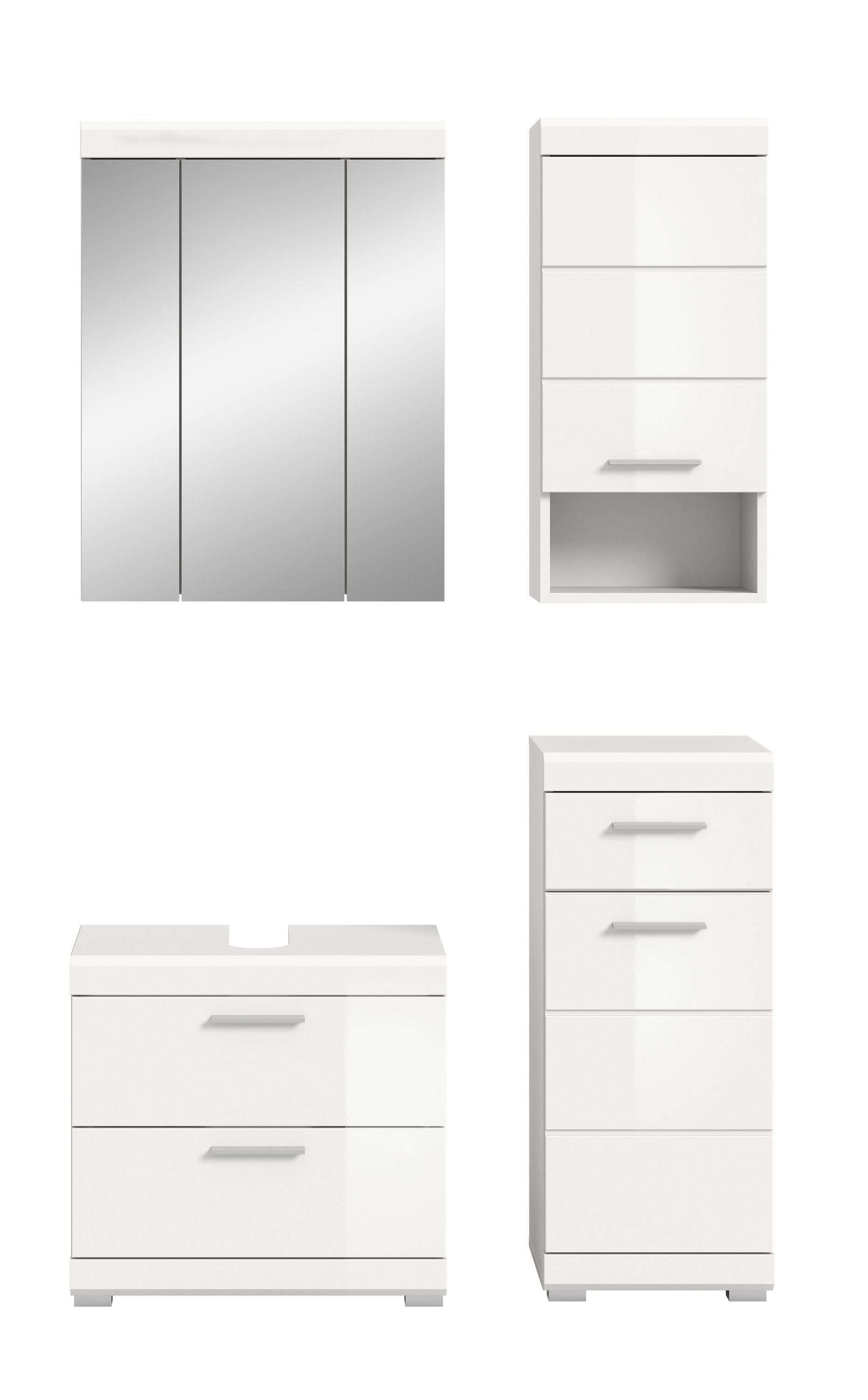 Weißes Badezimmerset mit Spiegelschrank, Waschtischunterschrank und Hochschrank