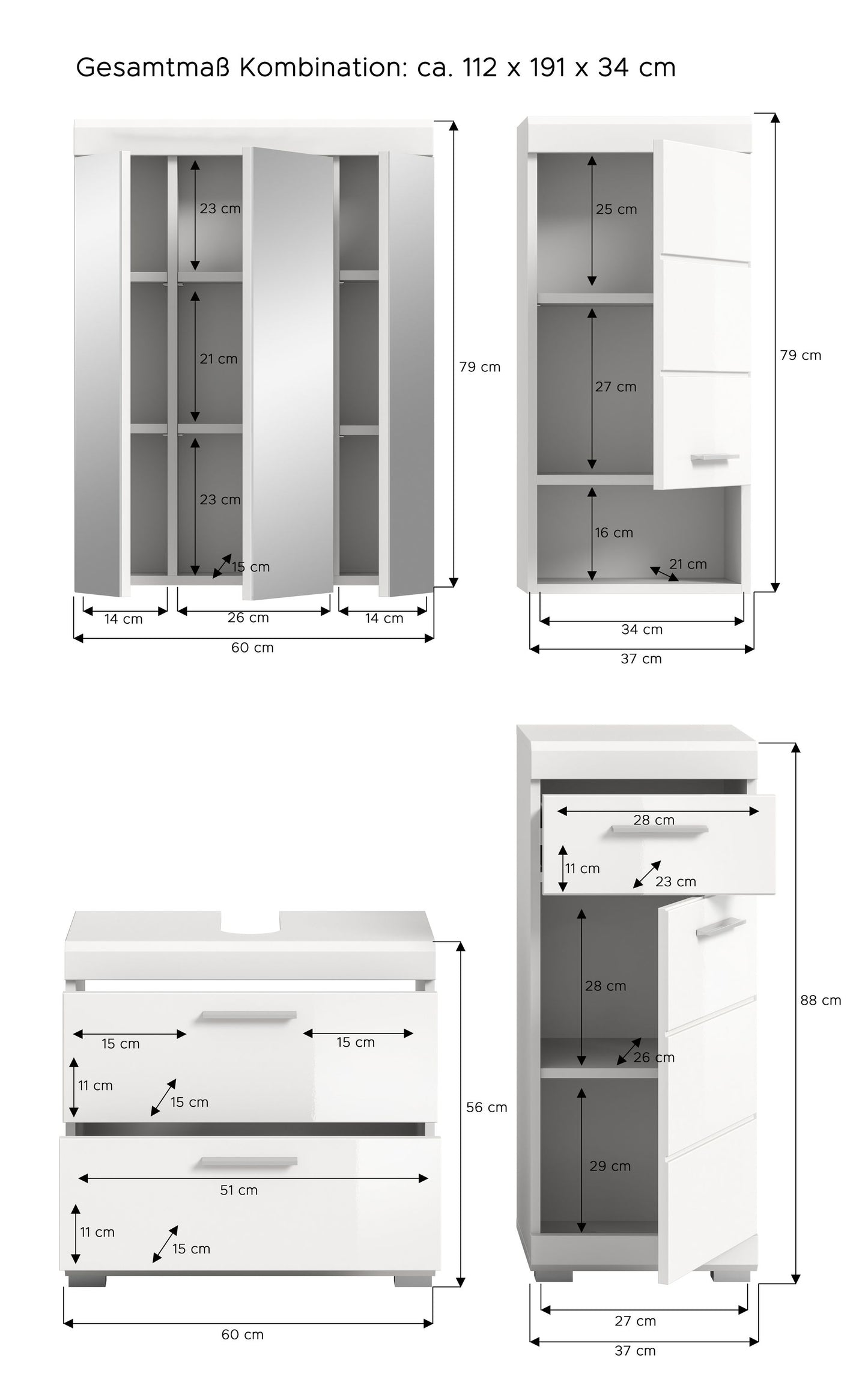 Maßzeichnung Badezimmerset: Kombinations- und Unterschrank, ca. 112×191×34 cm