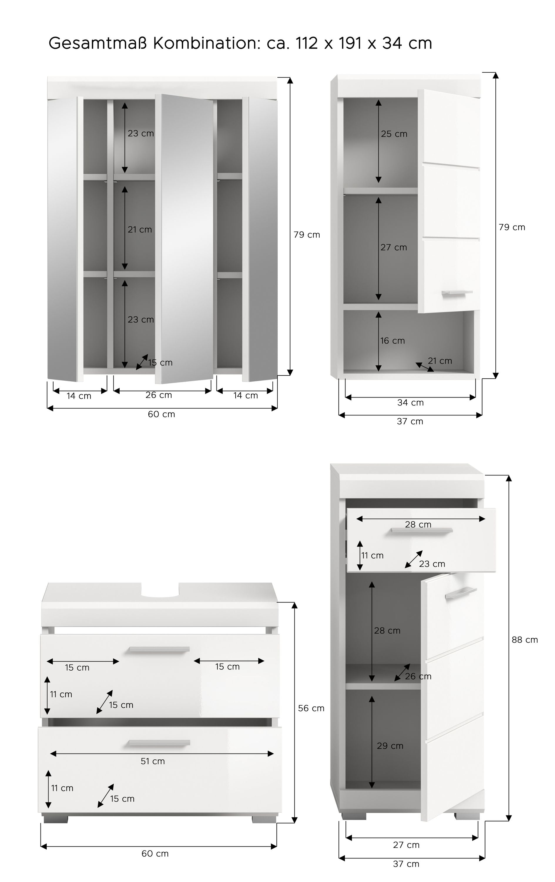 Maßzeichnung Badezimmerset: Kombinations- und Unterschrank, ca. 112×191×34 cm