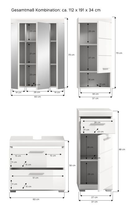 Maßzeichnung Badezimmerset: Kombinations- und Unterschrank, ca. 112×191×34 cm
