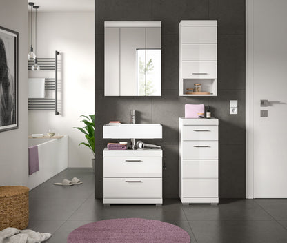 Weißes Badezimmerset mit Spiegelschrank, Waschtischunterschrank und Hochschrank