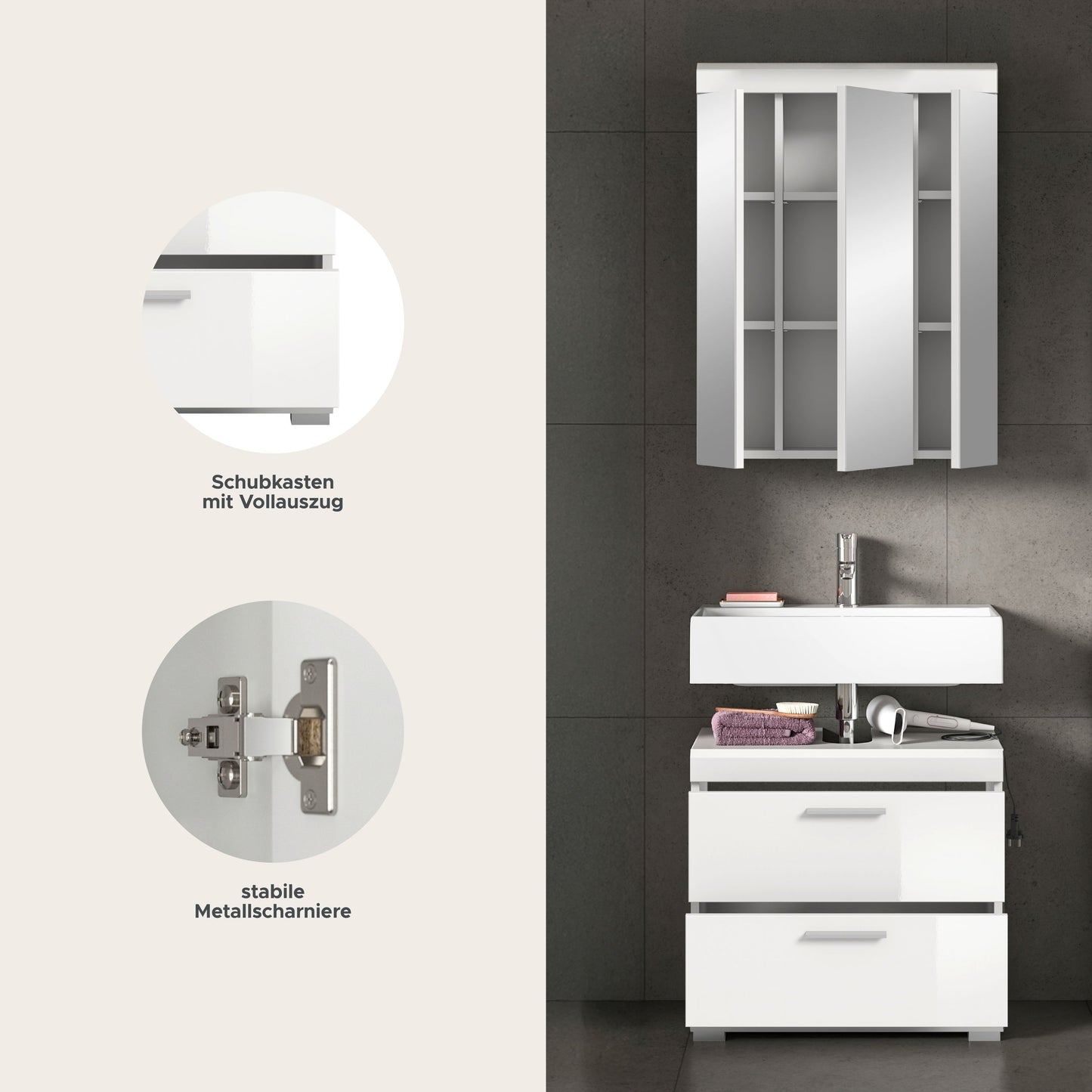 Badezimmerset mit Spiegelschrank, Detailgrafik zu Scharnieren