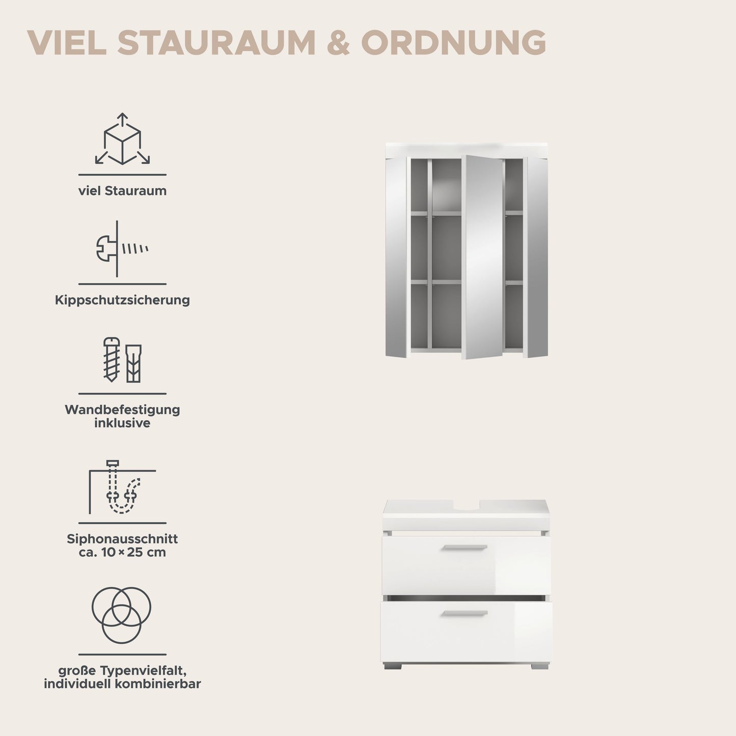Badezimmerset mit Spiegelschrank und Schubladen, Funktionsübersicht