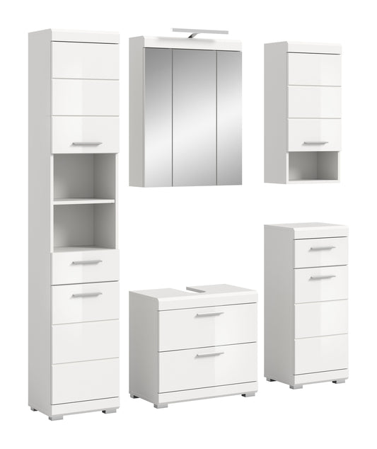 Badezimmerset in Weiß mit Spiegelschrank, Waschkommode und Hochschränken