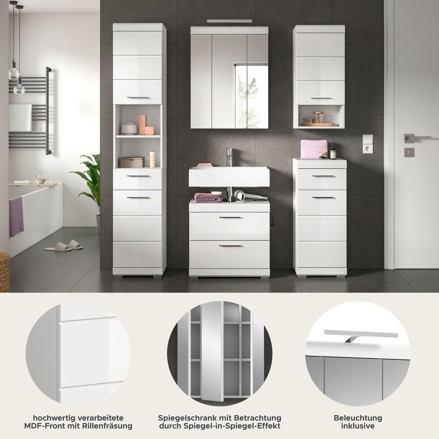 Badezimmerset 5-teilig in Weiß mit Spiegelschrank, Hochschrank und Waschkommode inkl. Licht