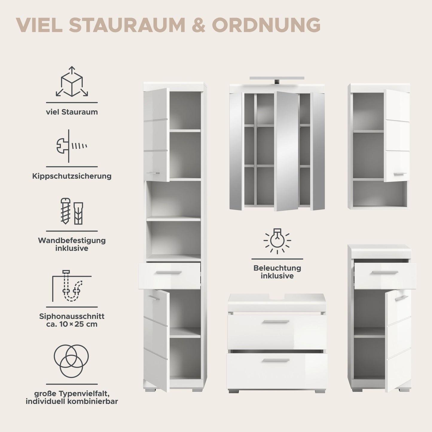 Infografik „Viel Stauraum & Ordnung“ mit Icons zu Kippschutz, Beleuchtung und Zugriff