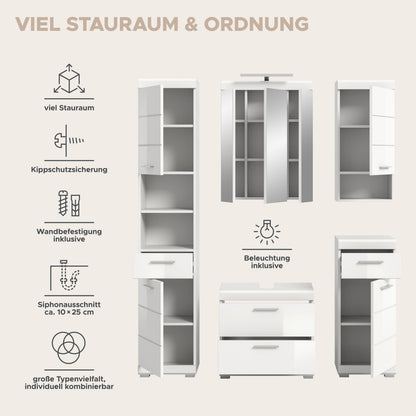 Infografik „Viel Stauraum & Ordnung“ mit Icons zu Kippschutz, Beleuchtung und Zugriff