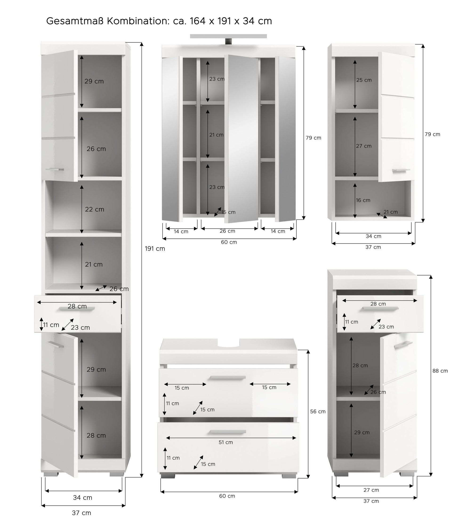 Badezimmerset mit Maßangaben zu Spiegelschrank, Kommode und Hochschränken