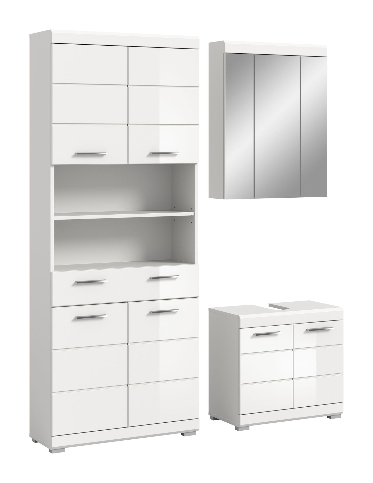 Badezimmerschrank-Set in Weiß: Hochschrank mit Fächern und Unterschrank mit Schubladen