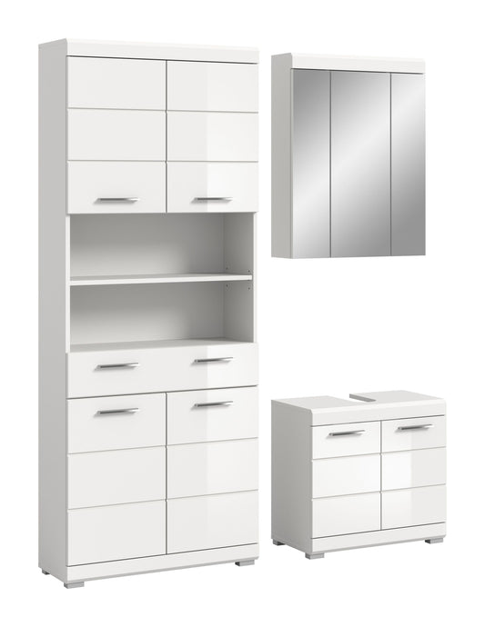 Badezimmerschrank-Set in Weiß: Hochschrank mit Fächern und Unterschrank mit Schubladen