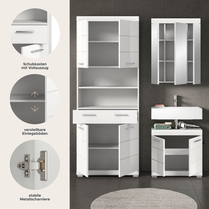 Badezimmerset 3-teilig mit geöffneten Fächern und Schubkästen im Badschrank