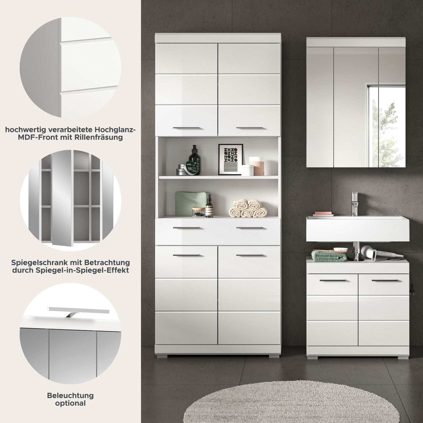 Badezimmerset 3-teilig mit Spiegelschrank, Hochschrank und Waschtischunterschrank