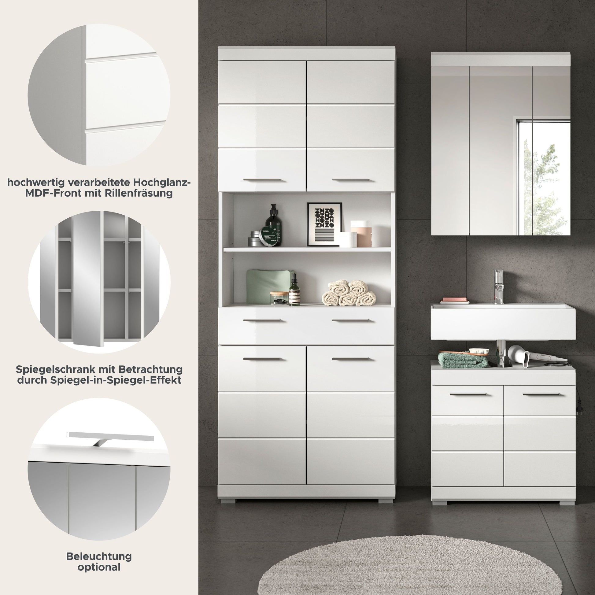 Badezimmerset 3-teilig mit Spiegelschrank, Hochschrank und Waschtischunterschrank
