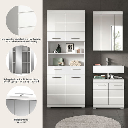 Badezimmerset 3-teilig mit Spiegelschrank, Hochschrank und Waschtischunterschrank
