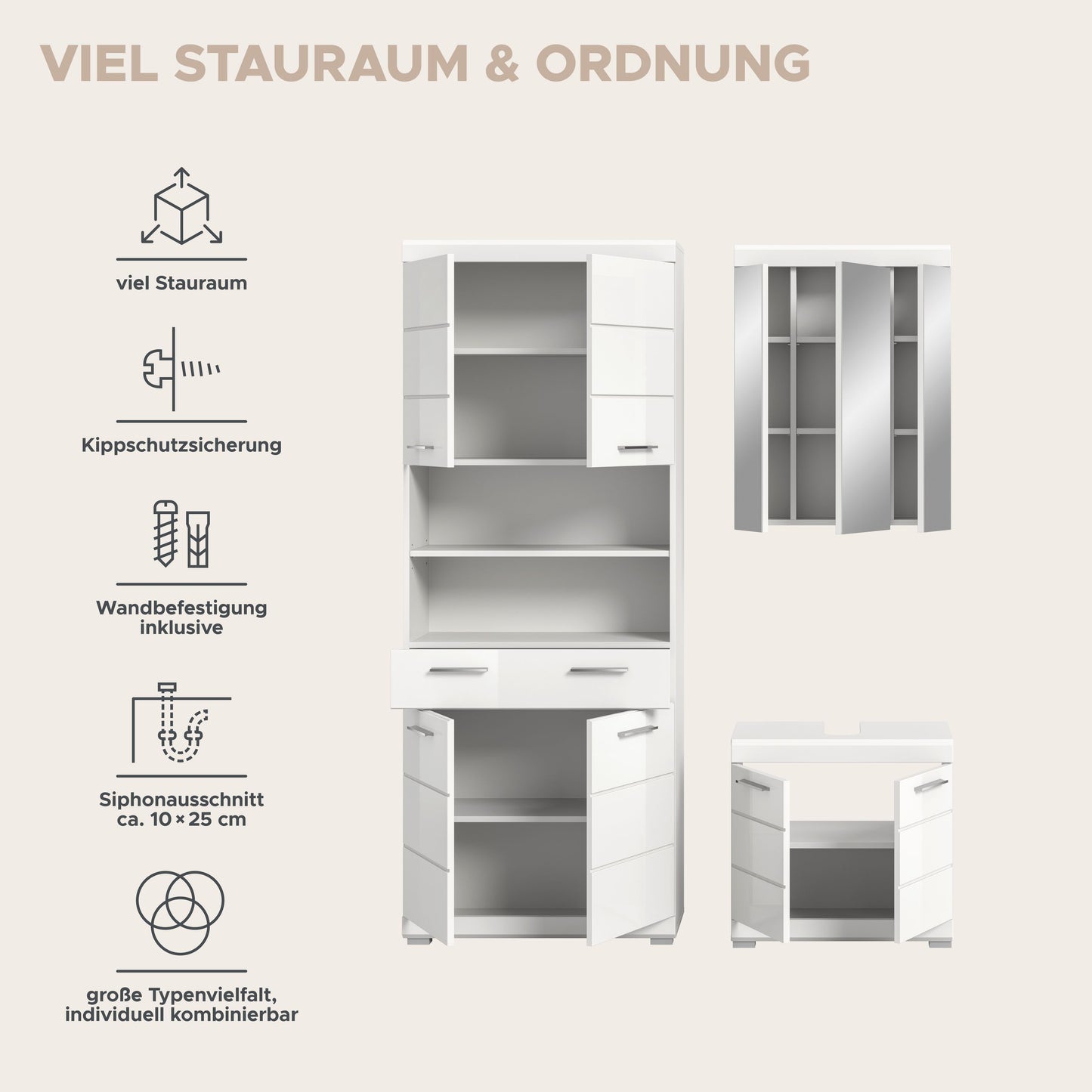 Badschrank mit geöffneten Klappen und Einlegeböden