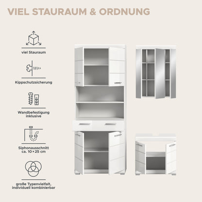 Badschrank mit geöffneten Klappen und Einlegeböden