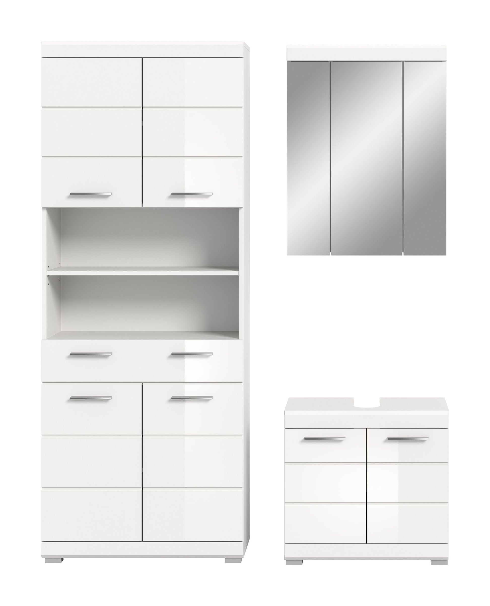 Badezimmerschrank-Set in Weiß mit Hochschrankfront, Spiegelschrank und Unterschrank