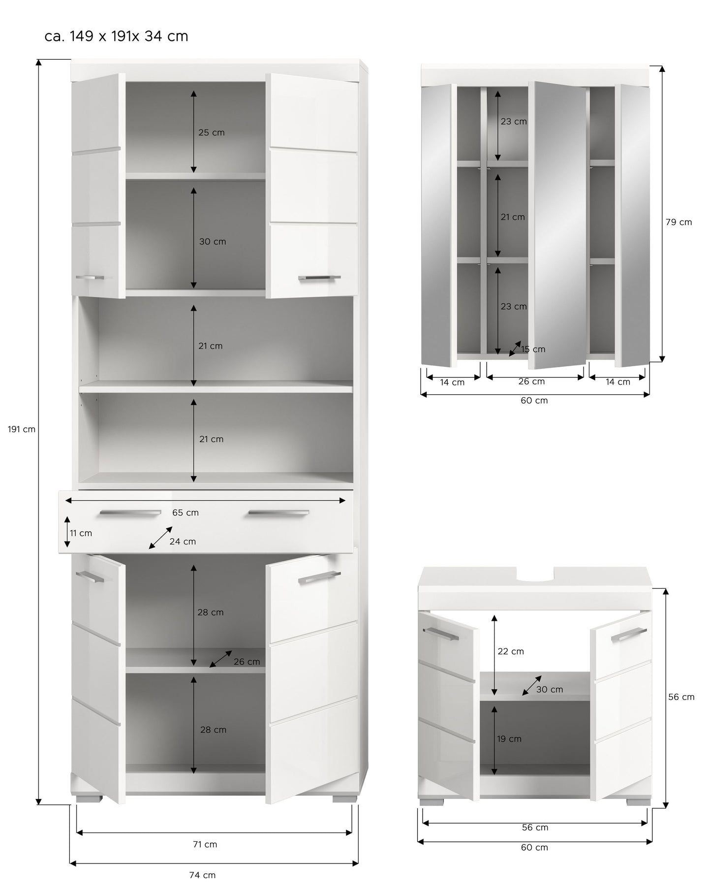 Badezimmerschrank-Set in Weiß mit Maßangaben: Hochschrank und Unterschrank