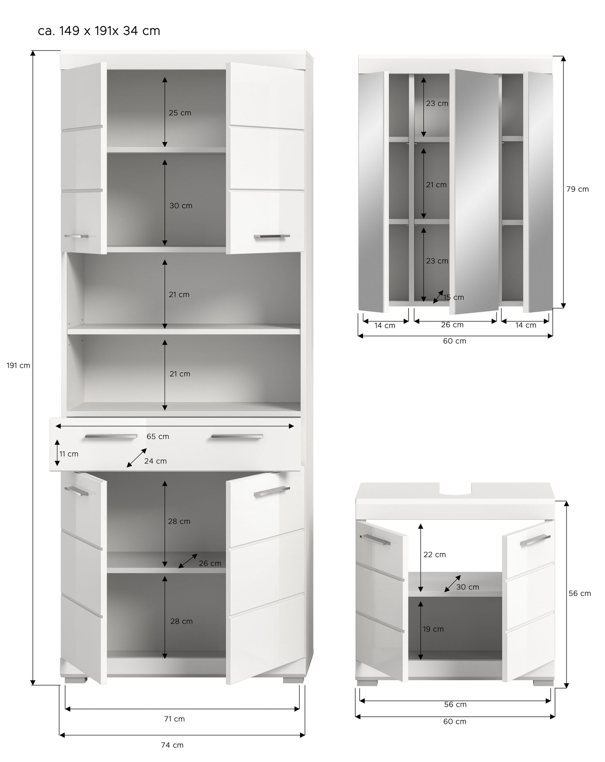 Badezimmerschrank-Set in Weiß mit Maßangaben: Hochschrank und Unterschrank