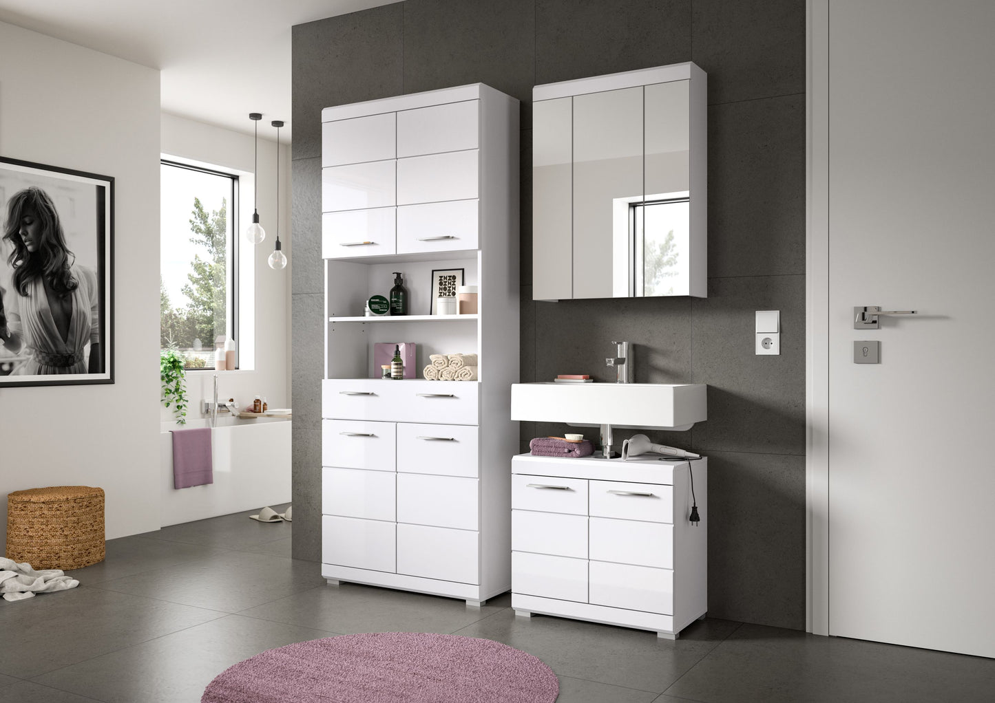 Badezimmerschrank-Set in Weiß mit Hochschrank, Spiegel und Waschtisch-Unterschrank