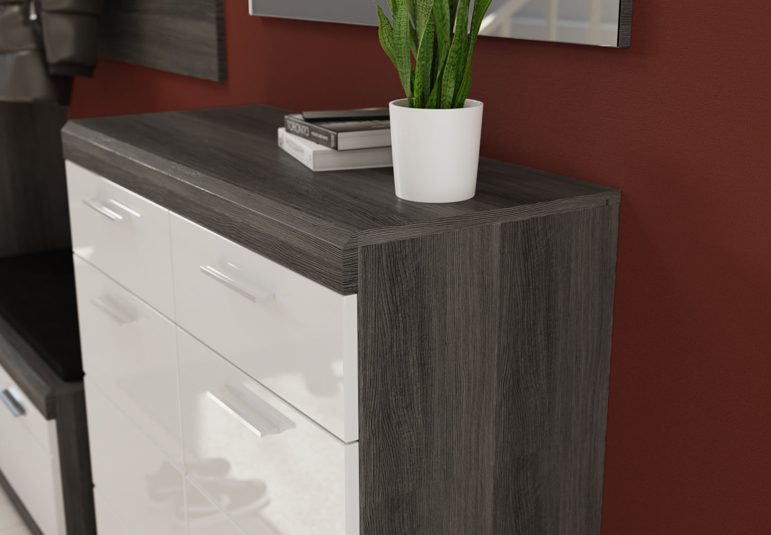 Homes & Jones Kommode mit Schubladen, braun-grauer Deckplatte und weißen Fronten, Griffmulden