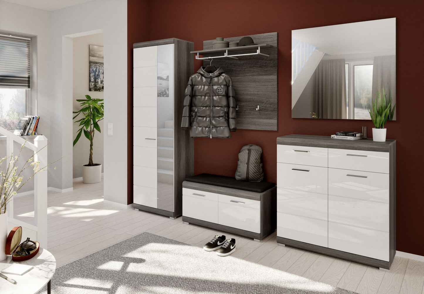 Homes & Jones Schuhschrank-Kommode mit weißen Türen und Schubladen, dunkler Korpus, Griffleisten