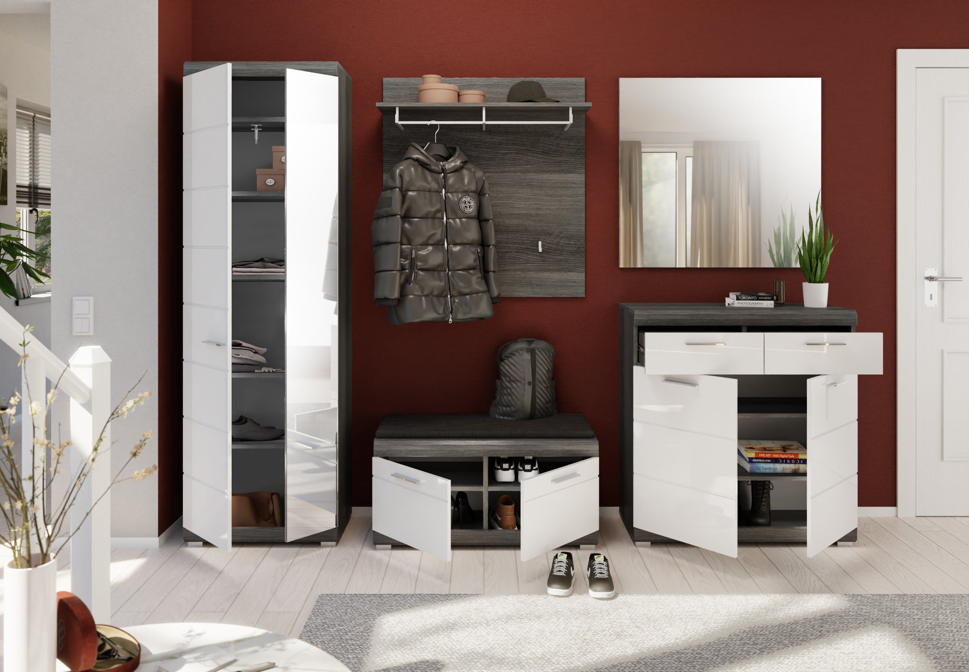 Homes & Jones Schuhschrank-Kommode mit weißen Fronten und dunklen Seitenteilen, Schubladen und Türen