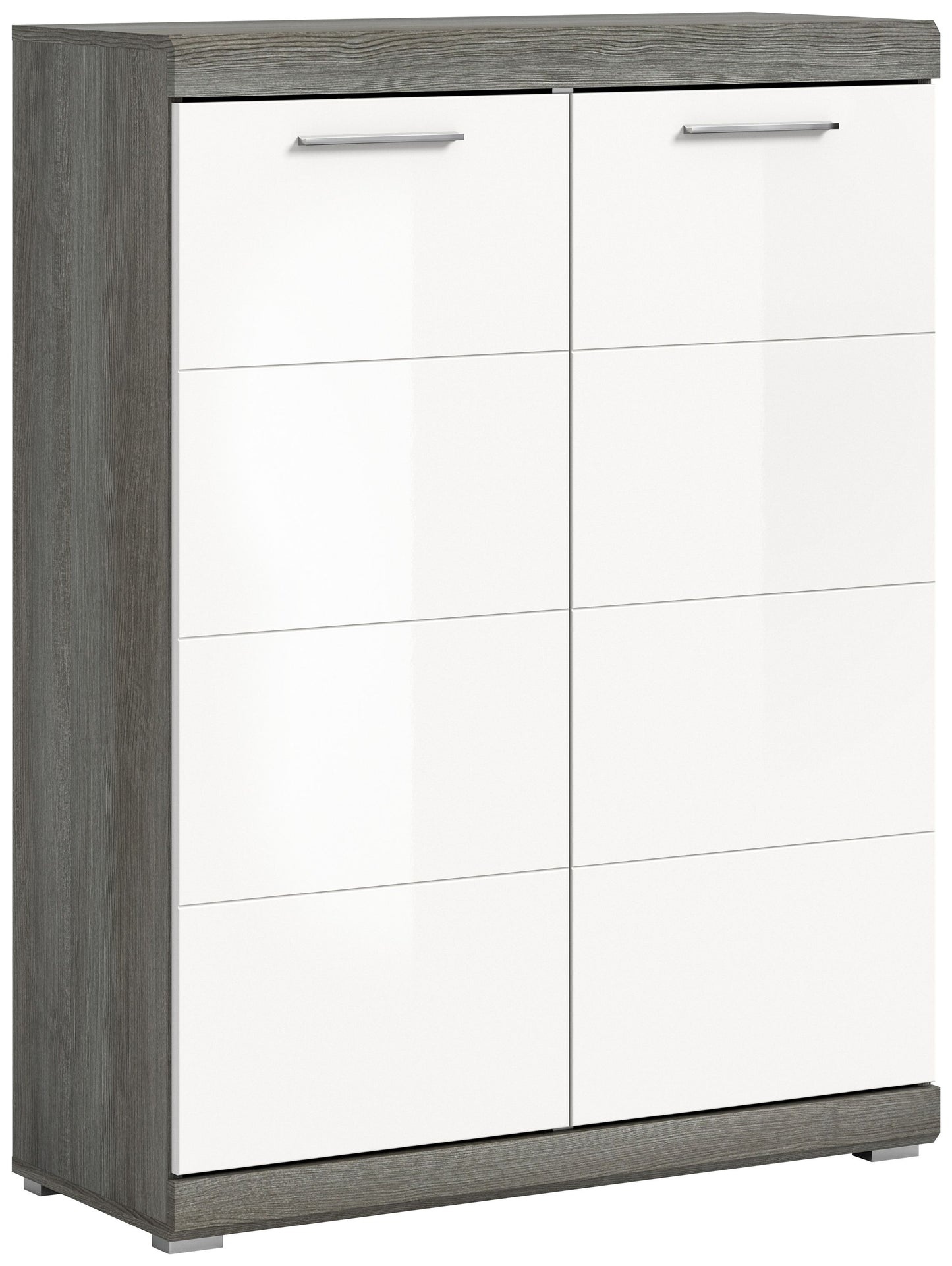 Homes & Jones Schuhschrank mit 2 Türen, weißer Hochglanz, silberne Griffe, rechteckige Fächer