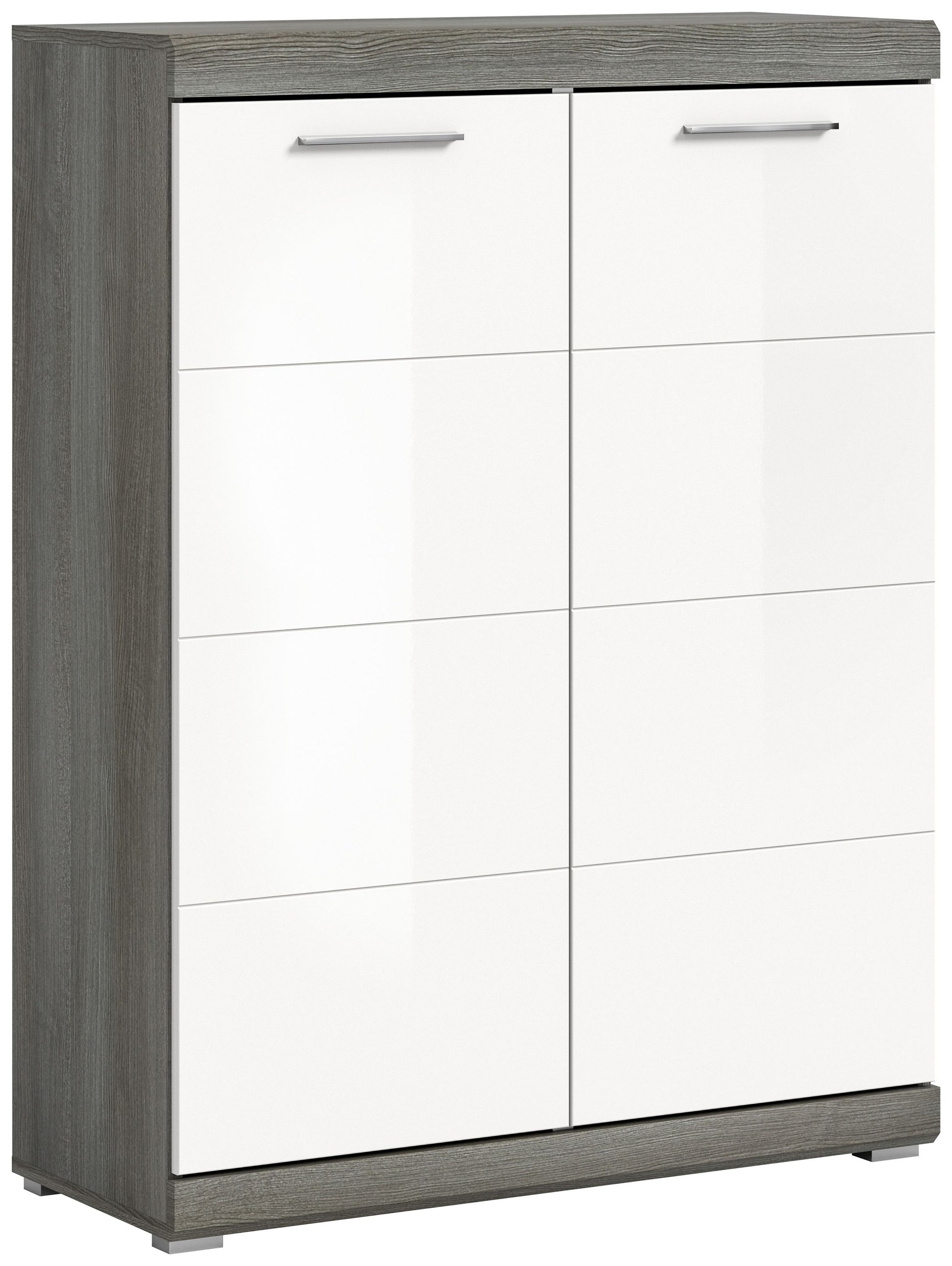 Homes & Jones Schuhschrank mit 2 Türen, weißer Hochglanz, silberne Griffe, rechteckige Fächer