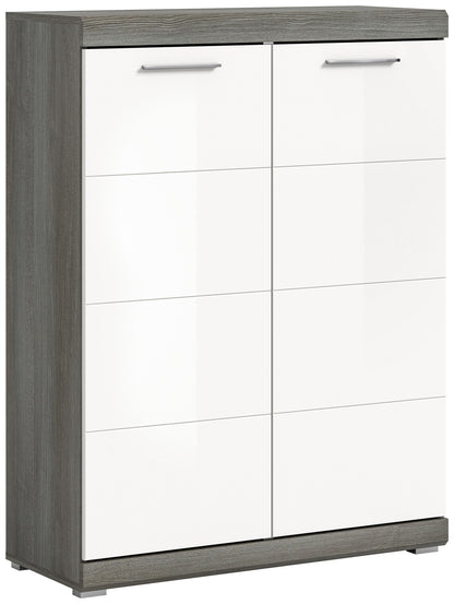 Homes & Jones Schuhschrank mit 2 Türen, weißer Hochglanz, silberne Griffe, rechteckige Fächer