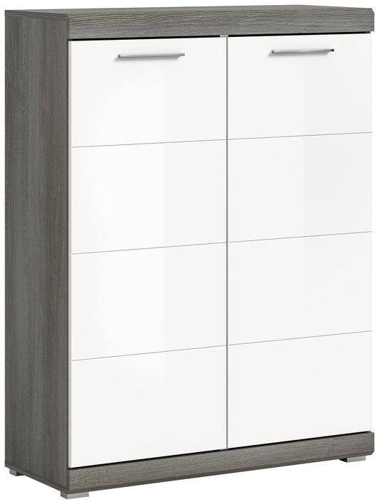 Homes & Jones Schuhschrank mit 2 Türen, weißer Hochglanz, silberne Griffe, rechteckige Fächer