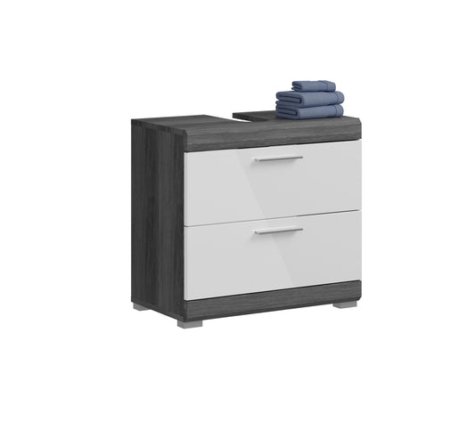 Waschbeckenunterschrank 60 cm mit zwei Schubladen, weißer Front und dunklem Seitenteil