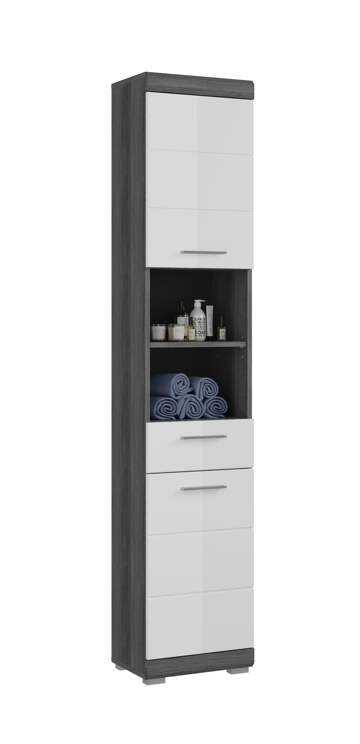 Badhochschrank mit dunklem Korpus und weißen Türen/Fronten, offene Fächer und Schubladen