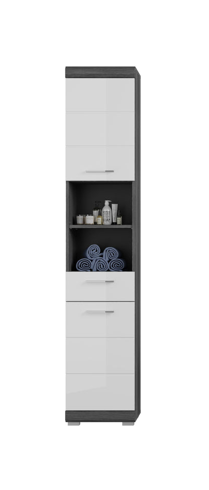 Badhochschrank in Weiß mit offenen Fächern, oberem Fach und seitlicher Sockelblende
