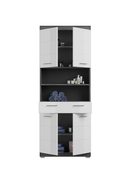 Badhochschrank in Ansicht von vorne mit offenen Fächern, Schubladen und zwei Türen