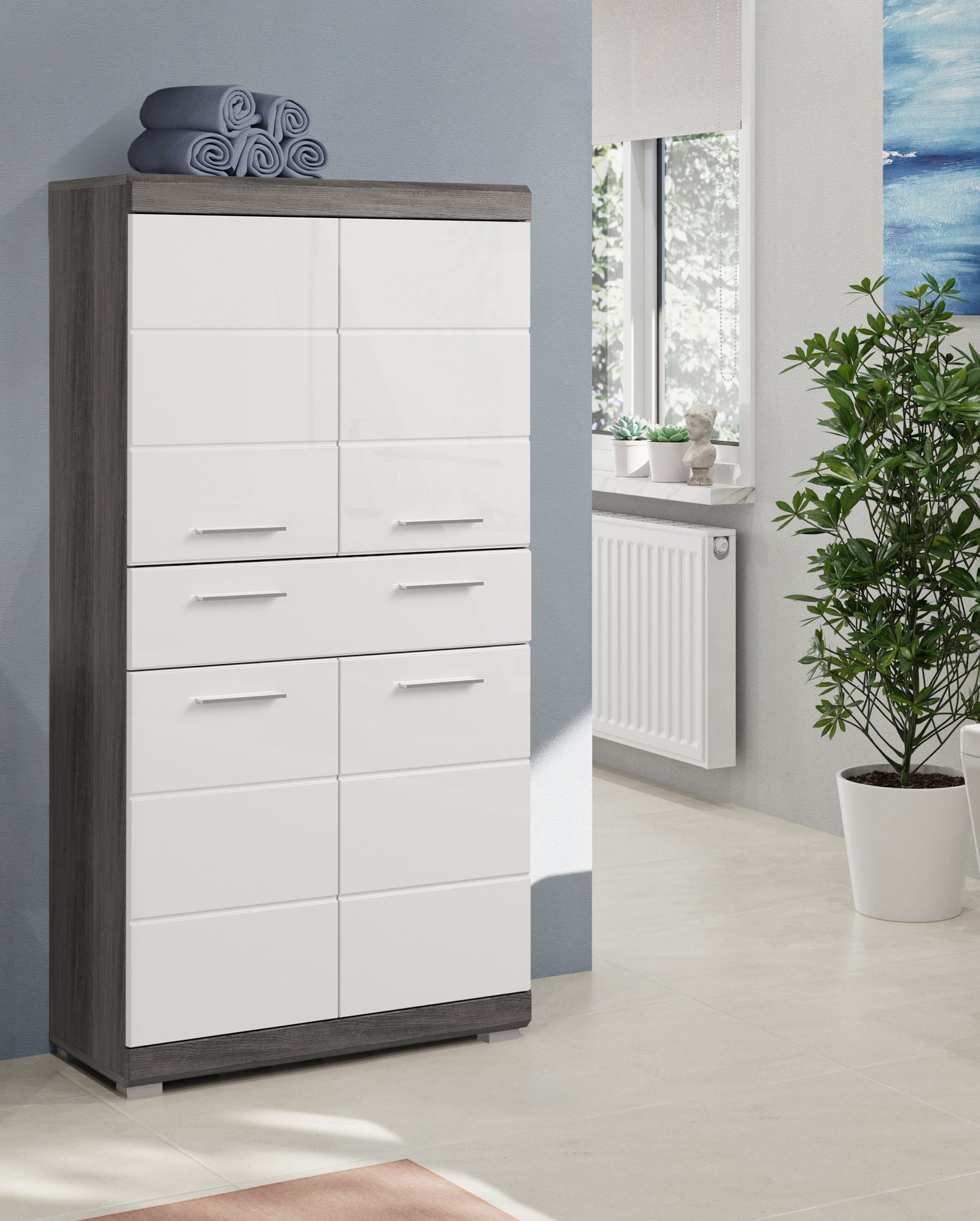 Badhochschrank mit Schubladen, weißer Korpus und rauchsilberfarbener Rahmen, zweiflügelig
