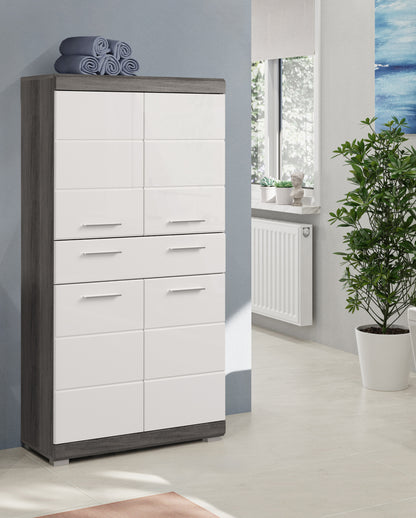 Badhochschrank mit Schubladen, weißer Korpus und rauchsilberfarbener Rahmen, zweiflügelig