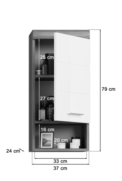 Hängeschrank für Bad, Maße 79×37 cm, weiße Front, offene Fächer und Schublade