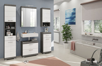 Badezimmerschrank-Set mit Hängeschränken und Schublade, weiße Front, grauer Akzent
