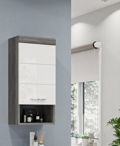 Badezimmerschrank mit offenen Fächern, graubrauner Korpus, weiße Front, seitliche Tür