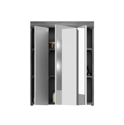Badspiegelschrank mit 3 Spiegeltüren, Türen geöffnet, Innenregale sichtbar