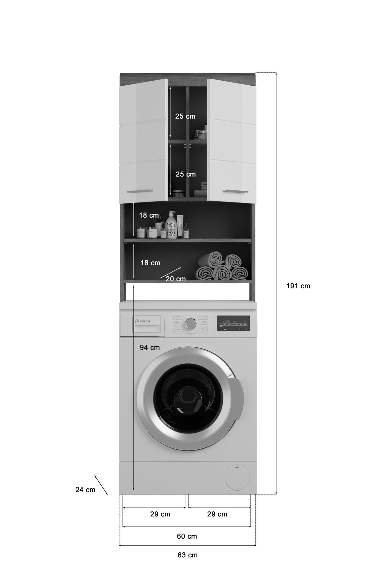 Waschmaschinenüberbau mit Ablagefächern und integrierter Waschmaschine, silbergrau/weiß