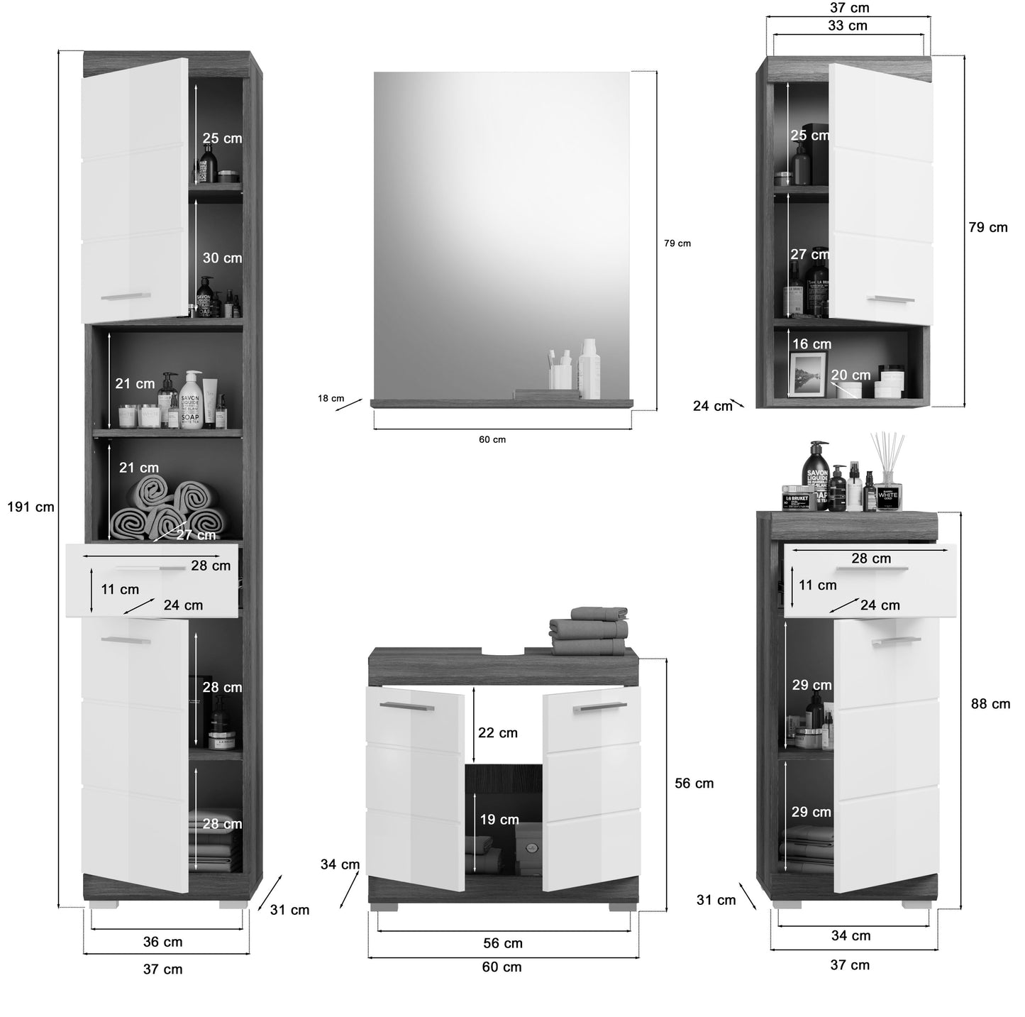 Homes & Jones Badmöbel 4tlg. Set, Badezimmerset mit Hochglanz Fronten