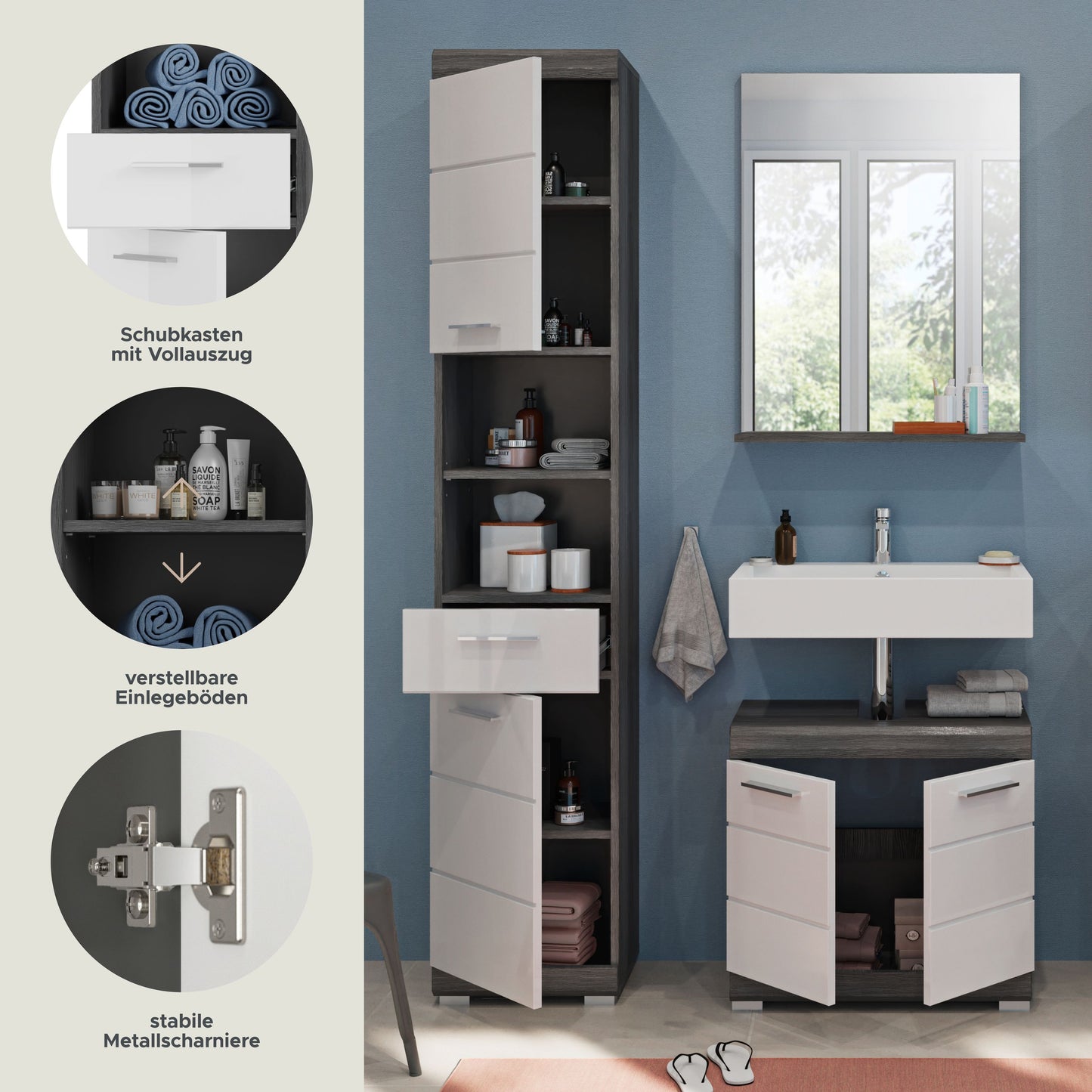 Homes & Jones Badmöbel 3tlg. Set, Badezimmerset mit Hochglanz Fronten