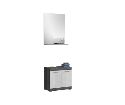 Badmöbel-Set mit Spiegelschrank und Waschtischunterschrank, zweifarbige Fronten in dunkel und weiß