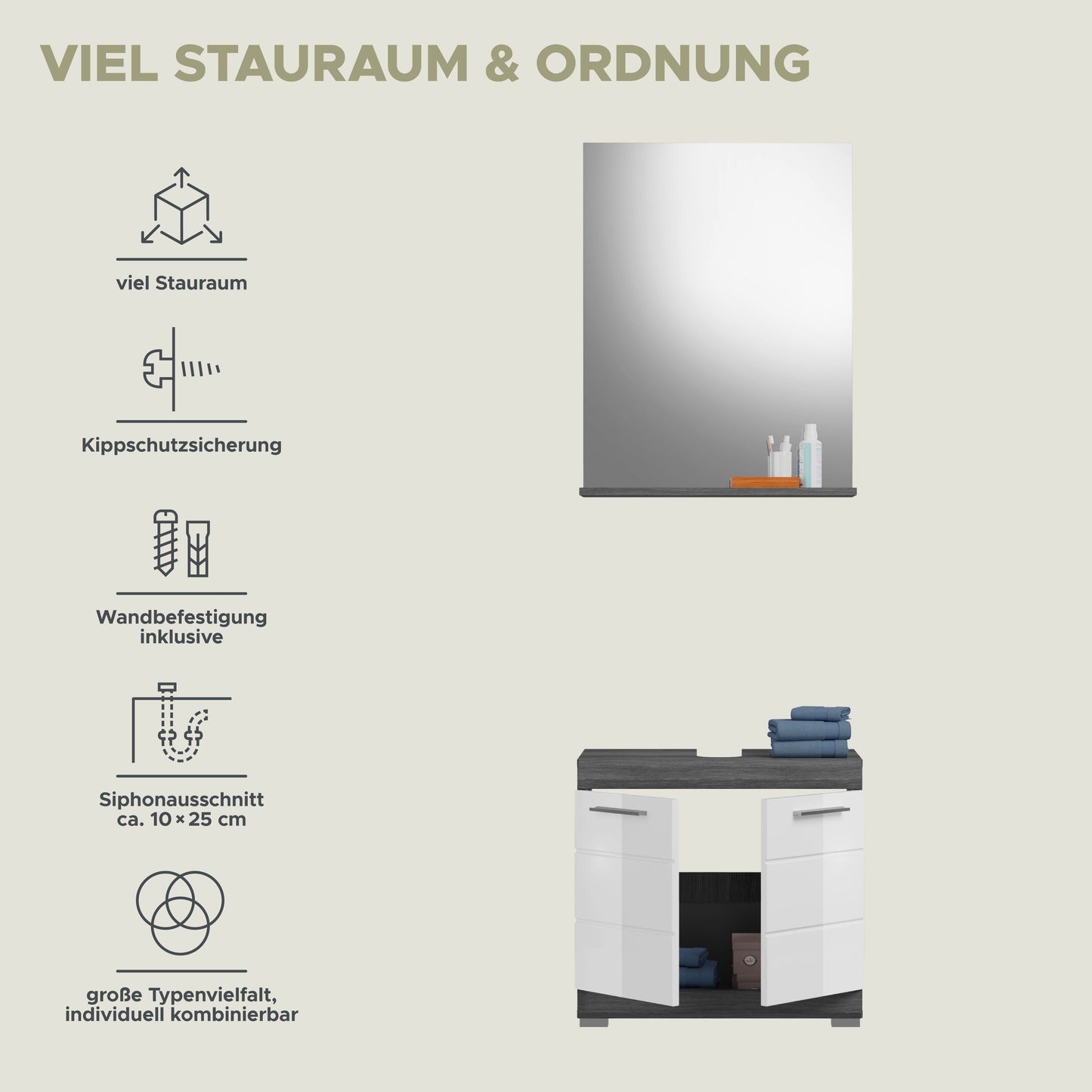 Infografik zu Stauraum und Ordnung: Kippschutz, Wandbefestigung und Sipho-Wertangaben